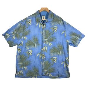 Jamaica Jaxx‎ XL Silk Hawaiian Shirt Blue Green Tropical Palm Tree Button Up